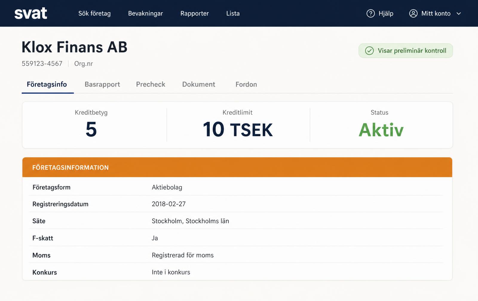 Precheck – förhandskontroll med checklista, förstoringsglas och kreditbedömning